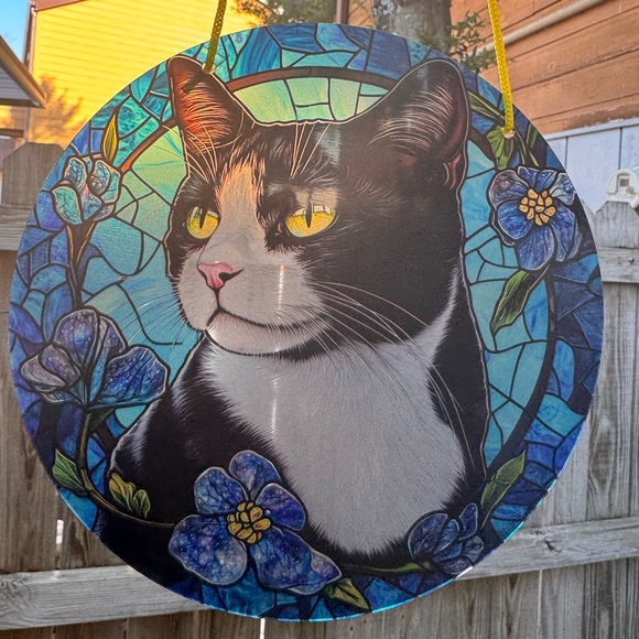 Tuxedo Cat Stained Glass Art with Blue Floral Design - Picture 3 of 6